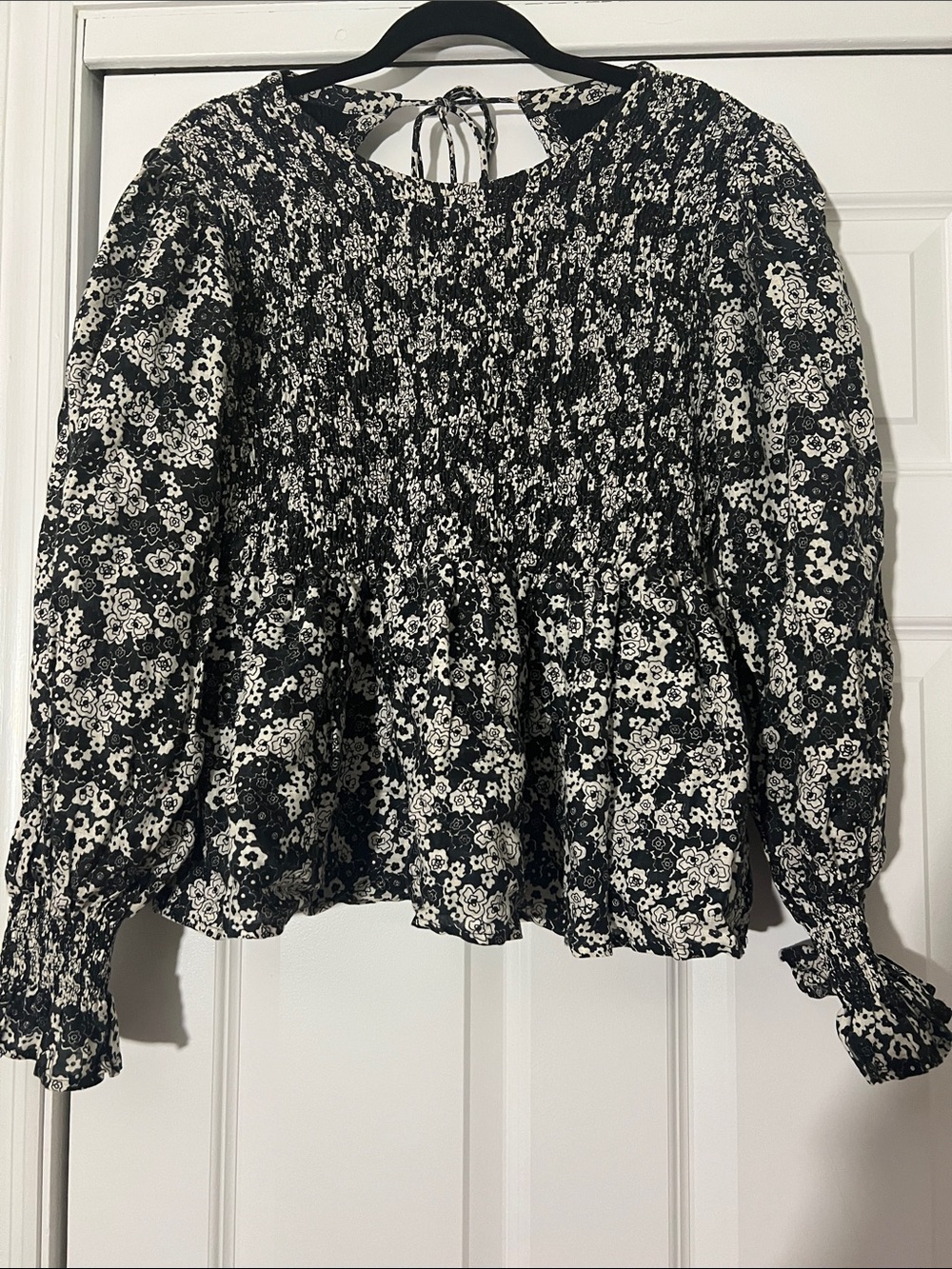 Anthropologie Black and White Smocked Floral Peplum Blouse